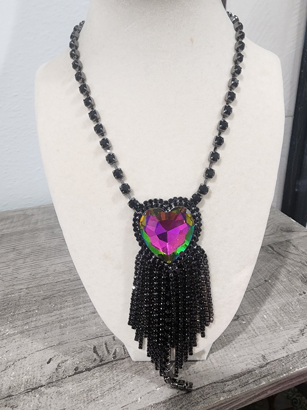 Black Beaded Necklace with Iridescent Heart Pendant